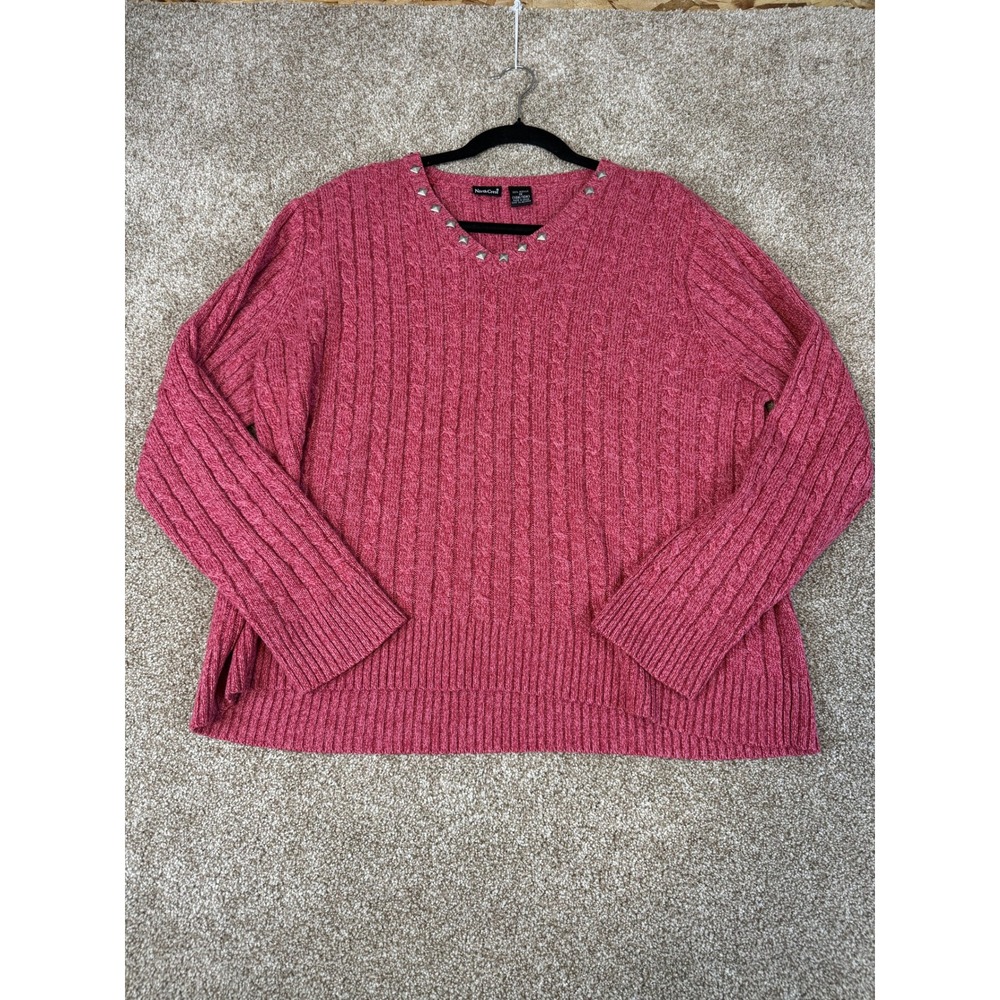 North Crest Womens 1X Pink Cable Knit Studded V-Neck Sweater Long Sleeve VTG‎